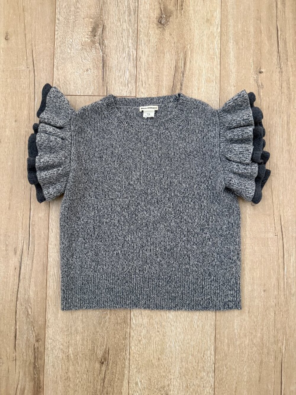Club Monaco Women L Merino Wool Knit Ruffle Sleeve Sweater Top Vest Grey